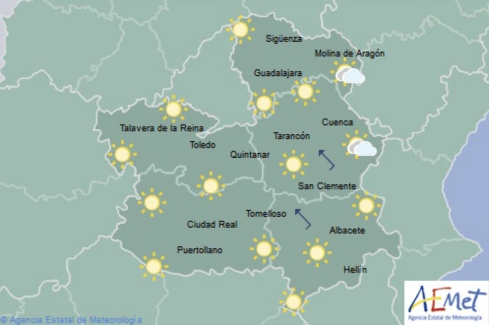 Mapa predictivo de la Aemet para Castilla-La Mancha.