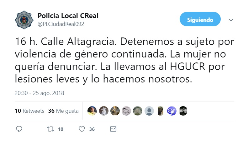 El tuit de la Policía Local de Ciudad Real en el que informa de la detención.