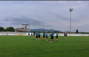 Los jugadores de la UB Conquense, antes del partido contra el Peralada