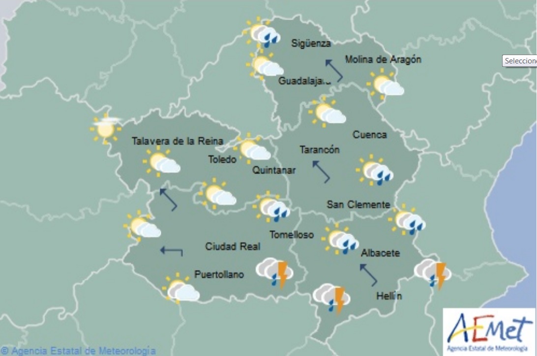 Mapa predictivo de la Aemet para Castilla-La Mancha.