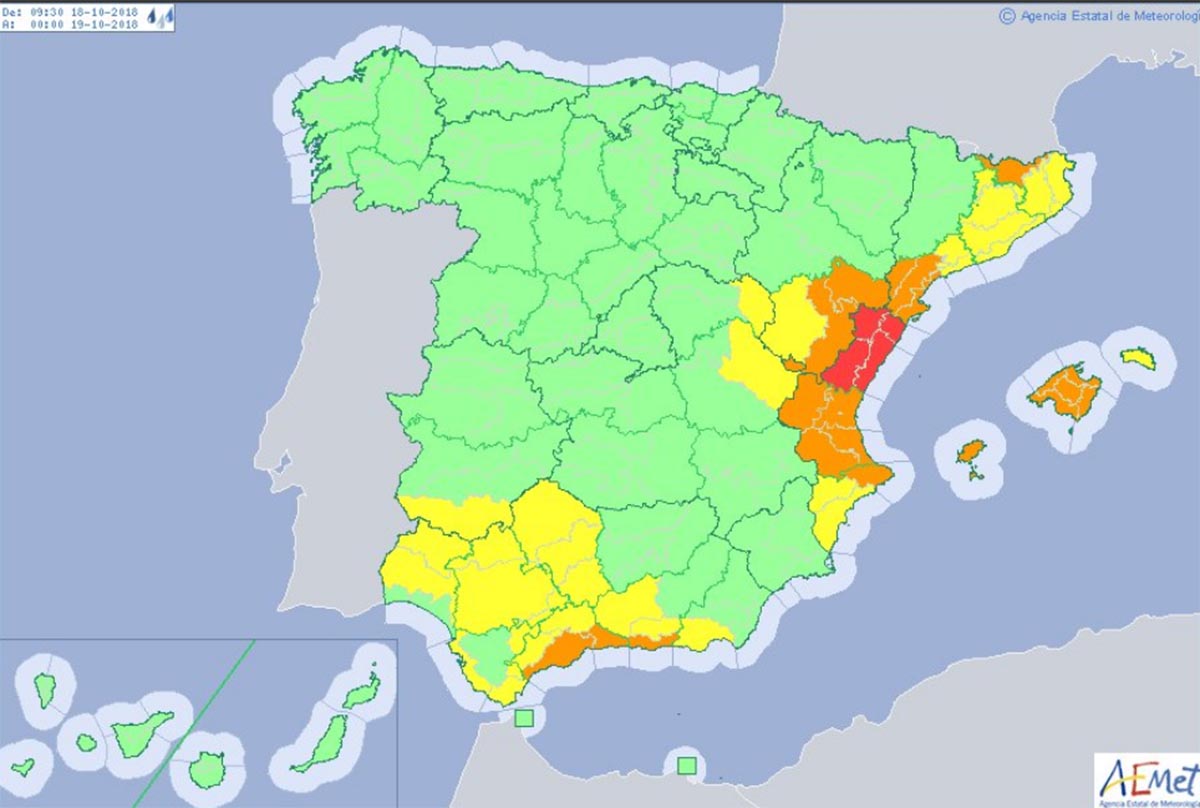 Mapa de la Aemet en la que aparece la lluvia fuerte