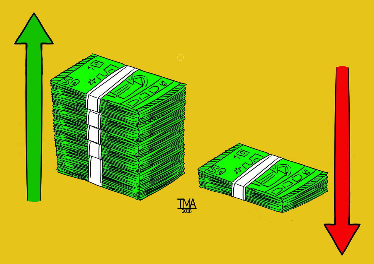 Dinero, billetes, euros, monedas, Ilustración de Tomás Martín del Amo. cuánto dinero