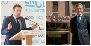 A la izquierda, Erwan de la Villèon, consejero delegado de Puy du Fou en España; a la derecha, Javier López Martín, presidente de Eurocaja Rural. Foto: Rebeca Arango; montaje: ENCLM
