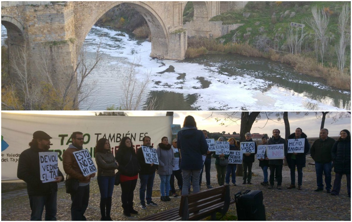 En la parte superior, el Tajo lleno de espumas; en la inferior, la concentración en defensa del Tajo.