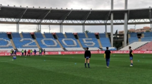 Jugadores del Talavera, antes de empezar el partido que les enfrentaba al Almería B
