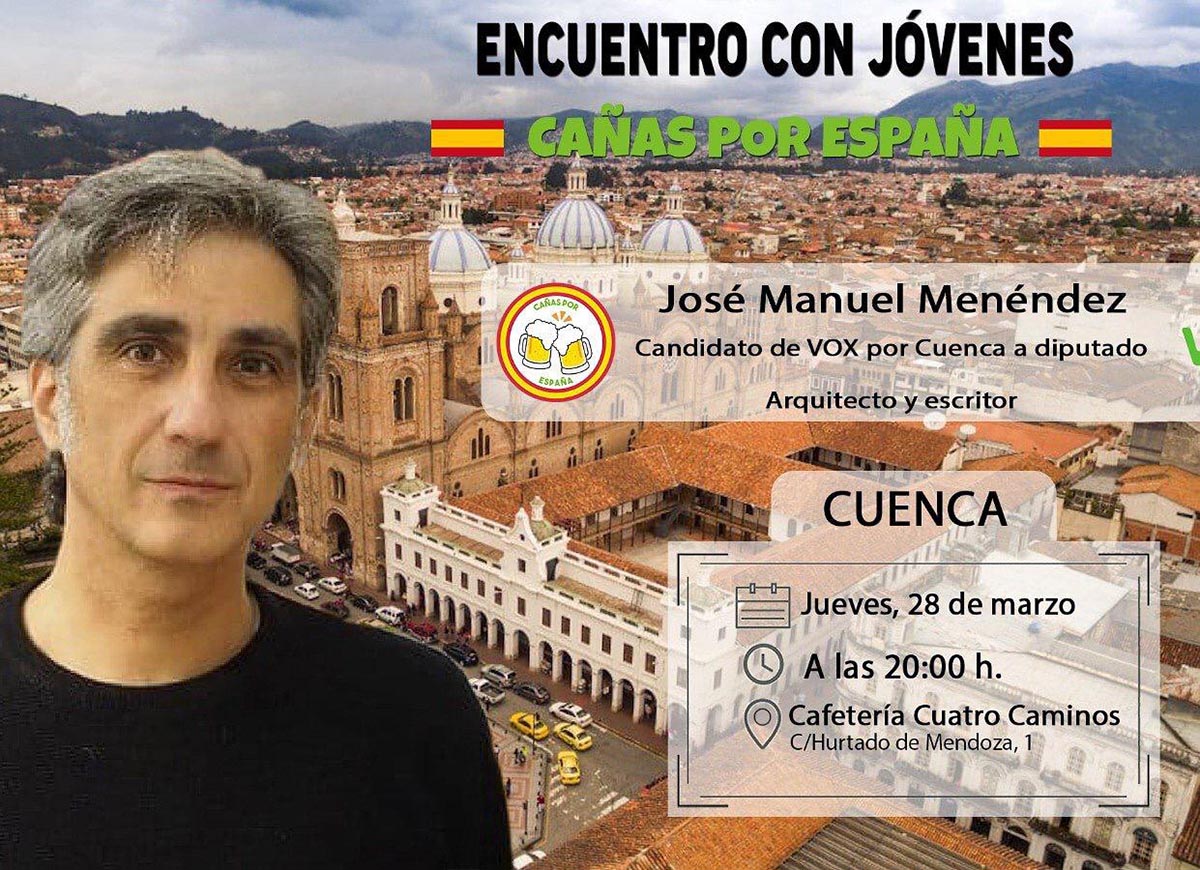 José Manuel Menéndez (Vox), que aparece "suplantando" a Iván Vélez; aquel encima aparece sobre Cuenca (Ecuador)