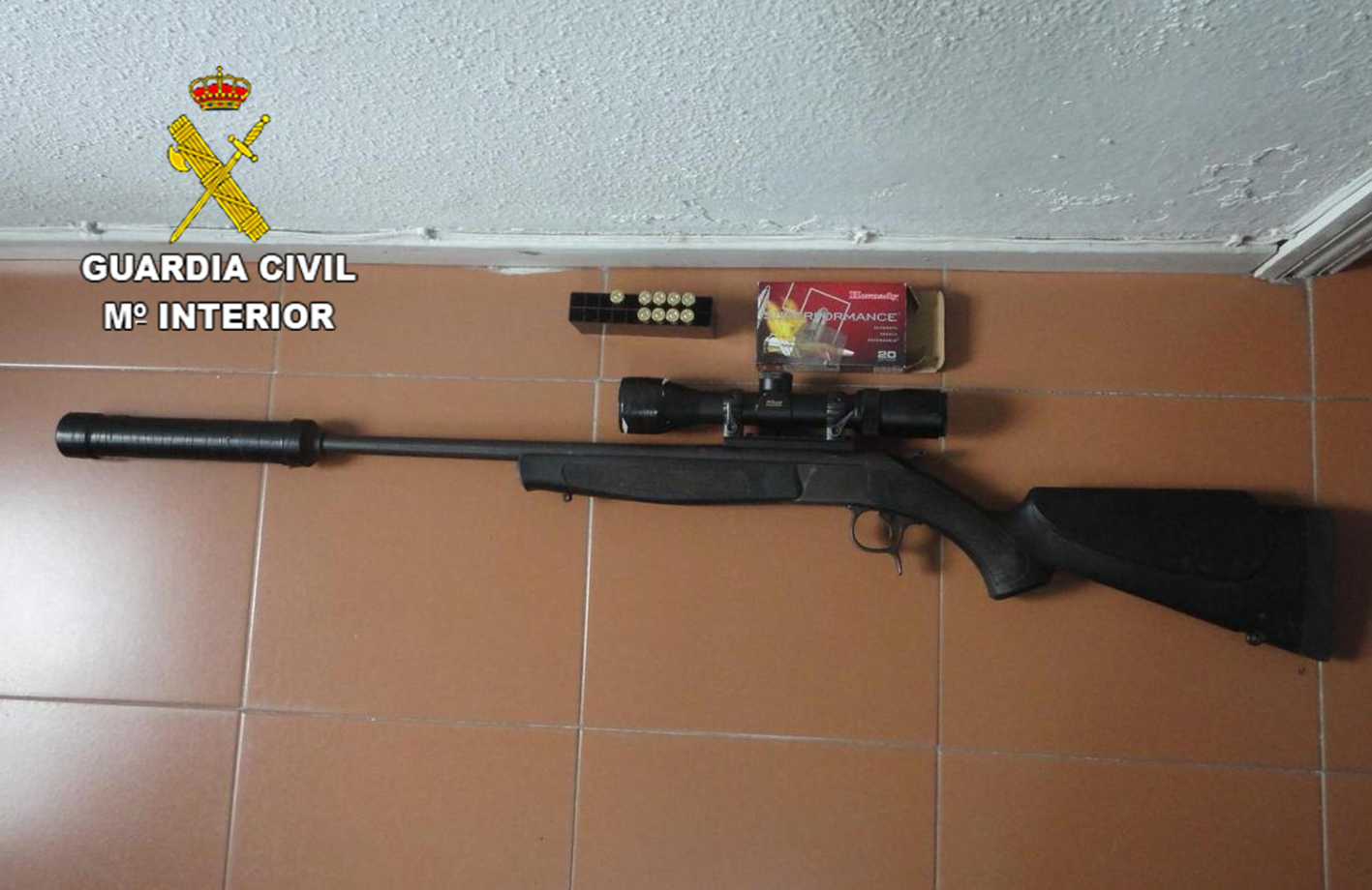 El arma de fuego que junto a un silenciador, un visor y munición fueron encontrados ocultos entre arbustos.