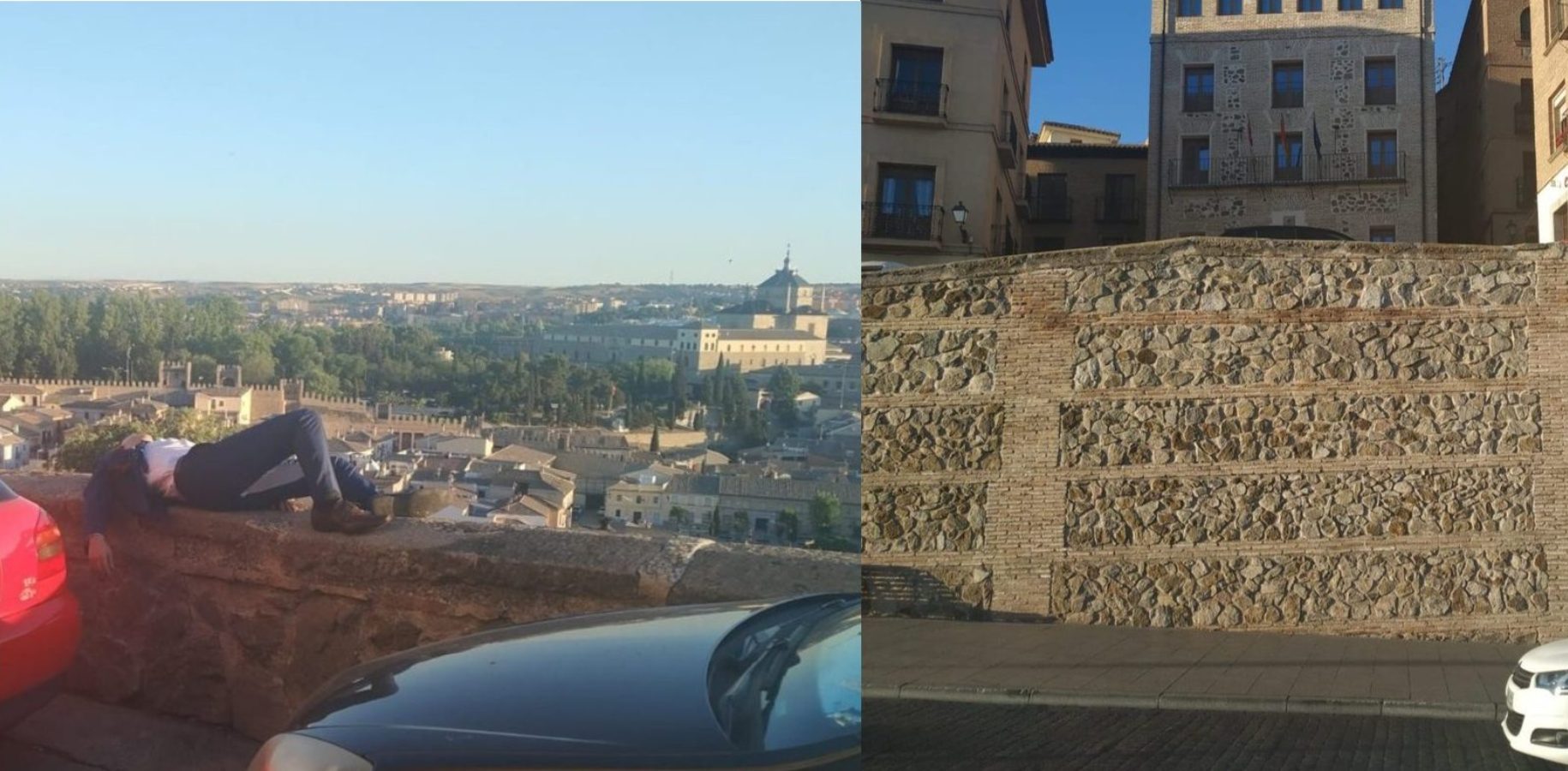 Un turista dormido al borde en un muro del casco histórico de Toledo