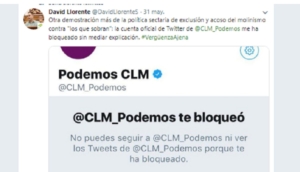 Tuit que publicó David Llorente denunciando que había sido bloqueado por su propio partido.