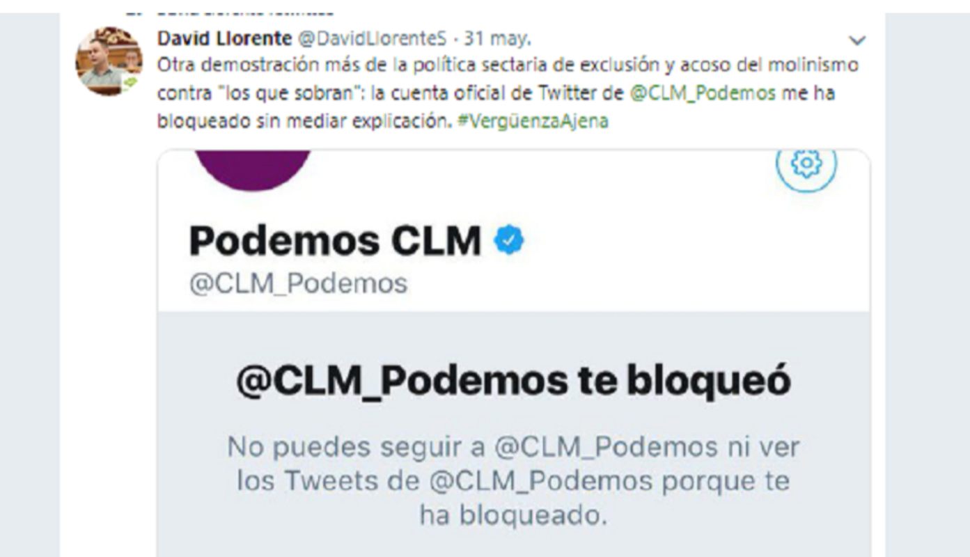 Tuit que publicó David Llorente denunciando que había sido bloqueado por su propio partido.