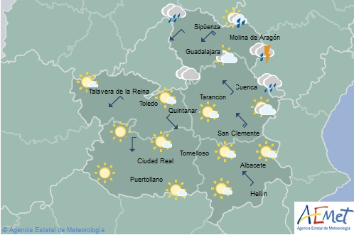 Mapa del tiempo de Castilla-La Mancha. Aviso amarillo por lluvias en Albacete y Cuenca