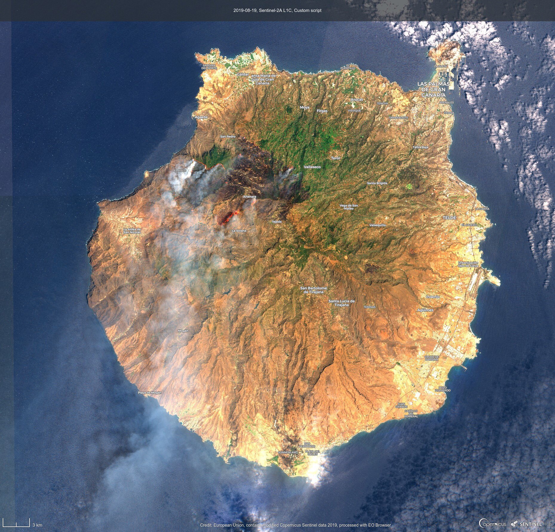 Vista de satélite del incendio de Gran Canaria.