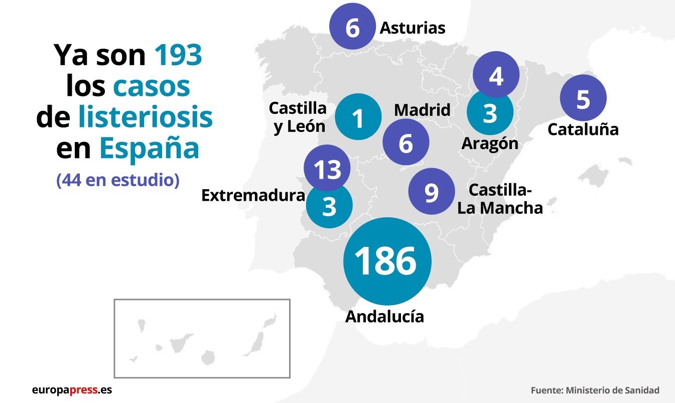 Mapa de los casos de listeriosis, en azul más oscuro son los casos todavía en estudio.