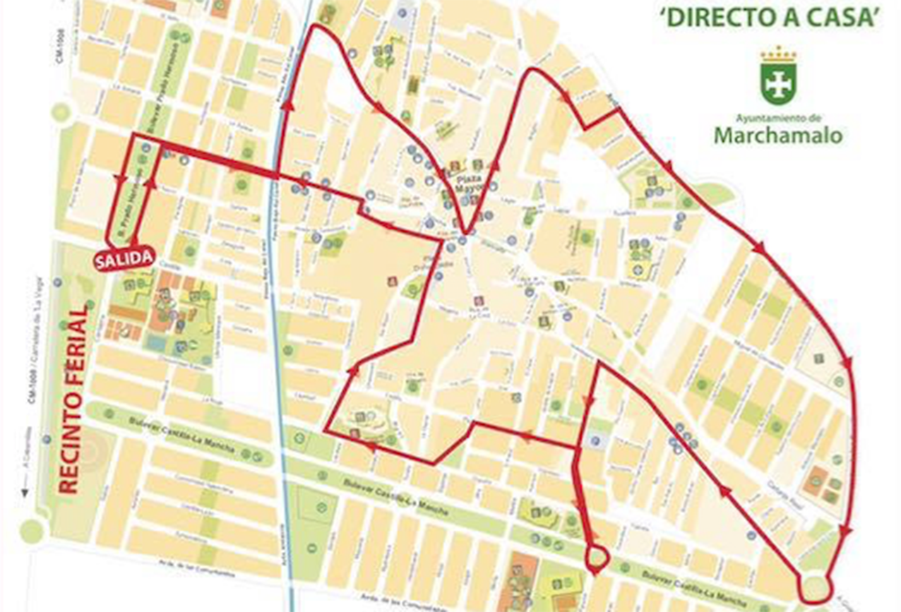 Este será el recorrido que haga el microbús gratuito desde las 2 y hasta las 6 de la madrugada durante las Ferias de Marchamalo.
