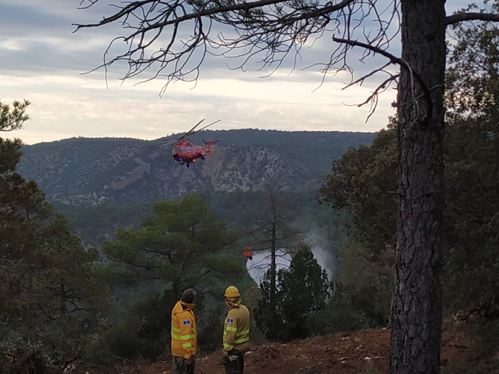 Un helicóptero descarga sobre una de las zonas afectada en el incendio de Monteagudo de las Salinas.