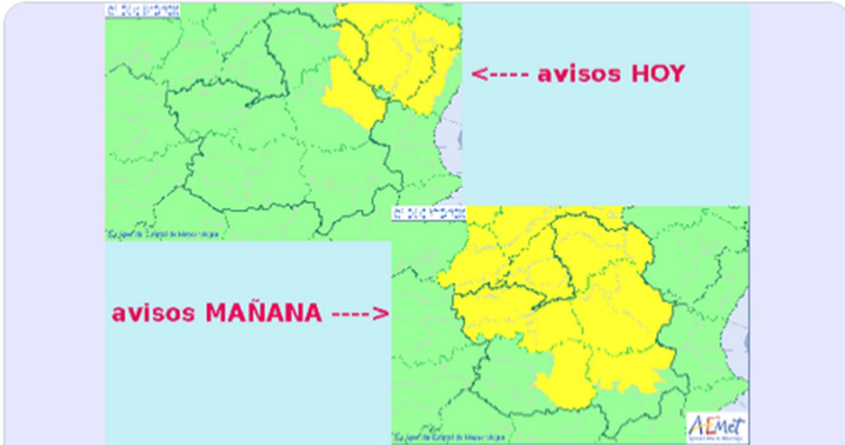 Mapa de la Aemet con las previsiones de lluvias en dos zonas de CLM