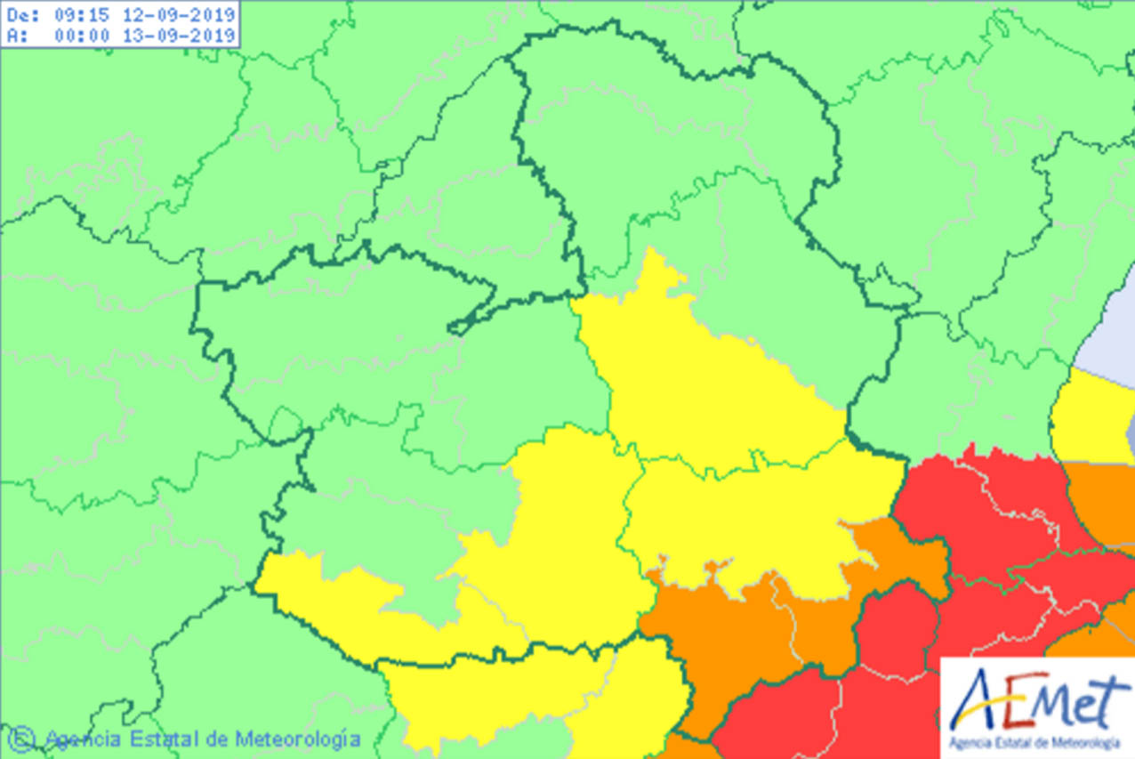 Mapa de avisos de Aemet para hoy, jueves 12 de septiembre.