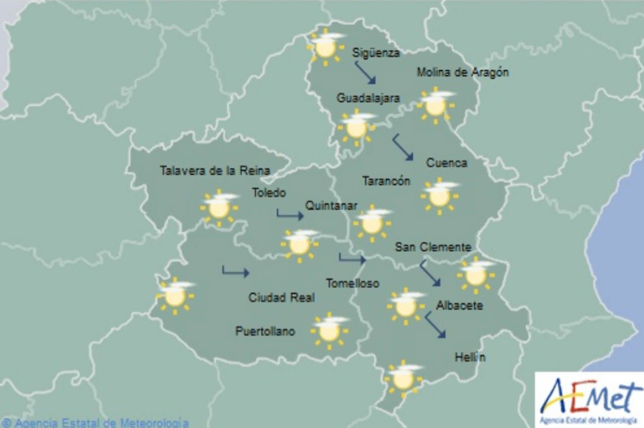 Previsión meteorológica de Aemet para hoy, lunes 23, en Castilla-La Mancha.