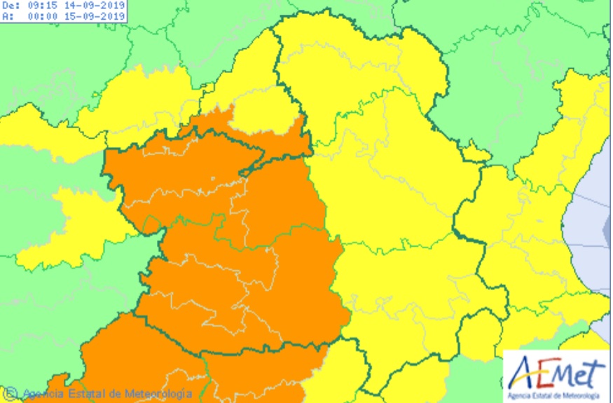 Mapa de meteoalertas de la Aemet para hoy, sábado 14 de septiembre.