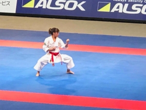 Sandra Sánchez, en uno de los dos katas de la final, tras la que se tuvo que conformar con la medalla de plata