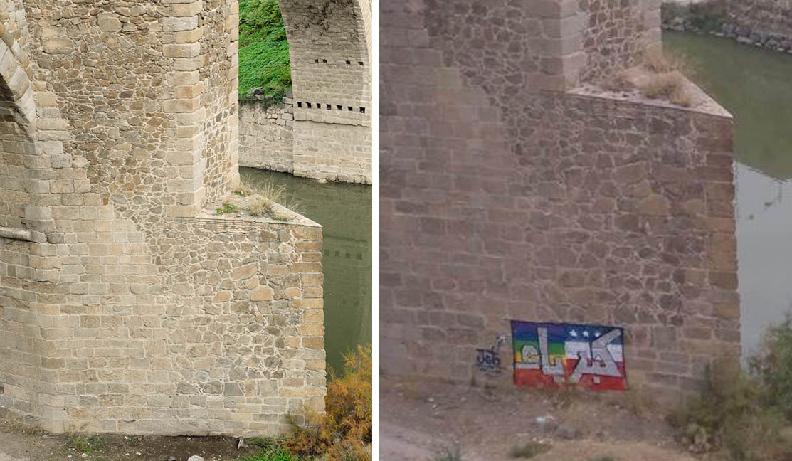Ya está limpia la pintada del puente de Alcántara.
