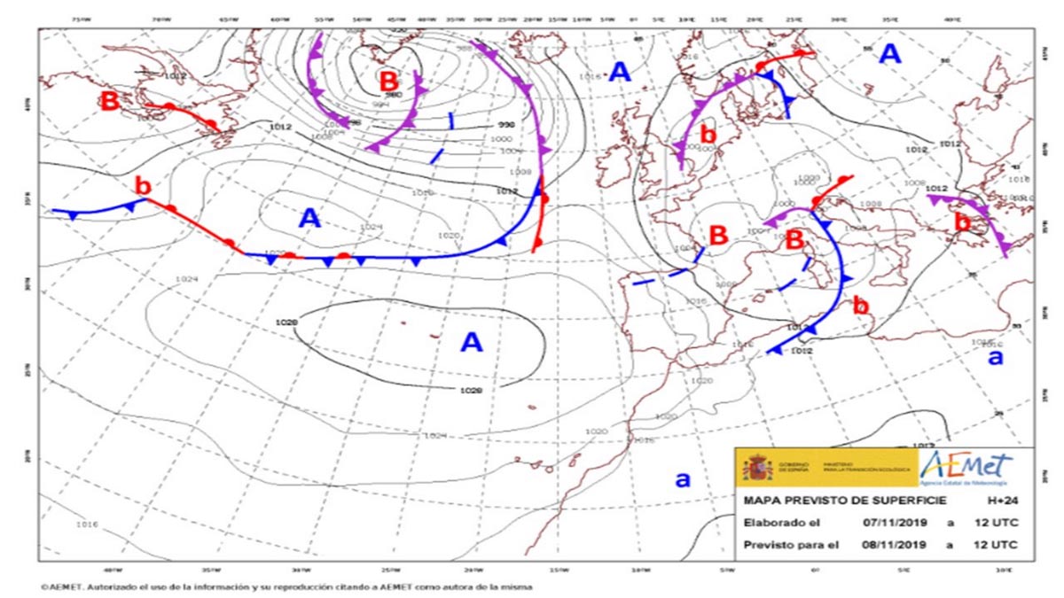 Mapa de la Aemet, que pronostica bajada de las temperaturas