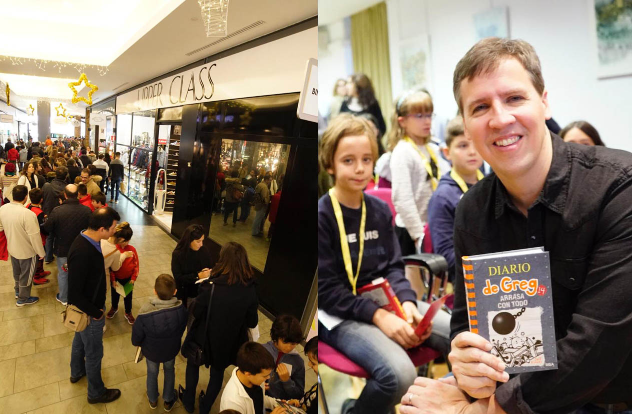 Colas para que Jeff Kinney firme sus libros.