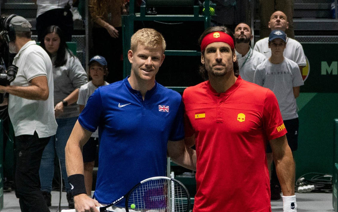 Kyle Edmund y Feliciano López antes de comenzar el encuentro en la Caja Mágica.