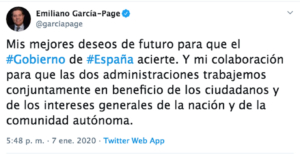 Imagen del tuit que ha publicado Emiliano García-Page.