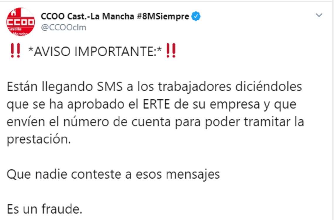 CCOO Castilla-La Mancha alerta de un posible fraude con excusa de los ERTE.