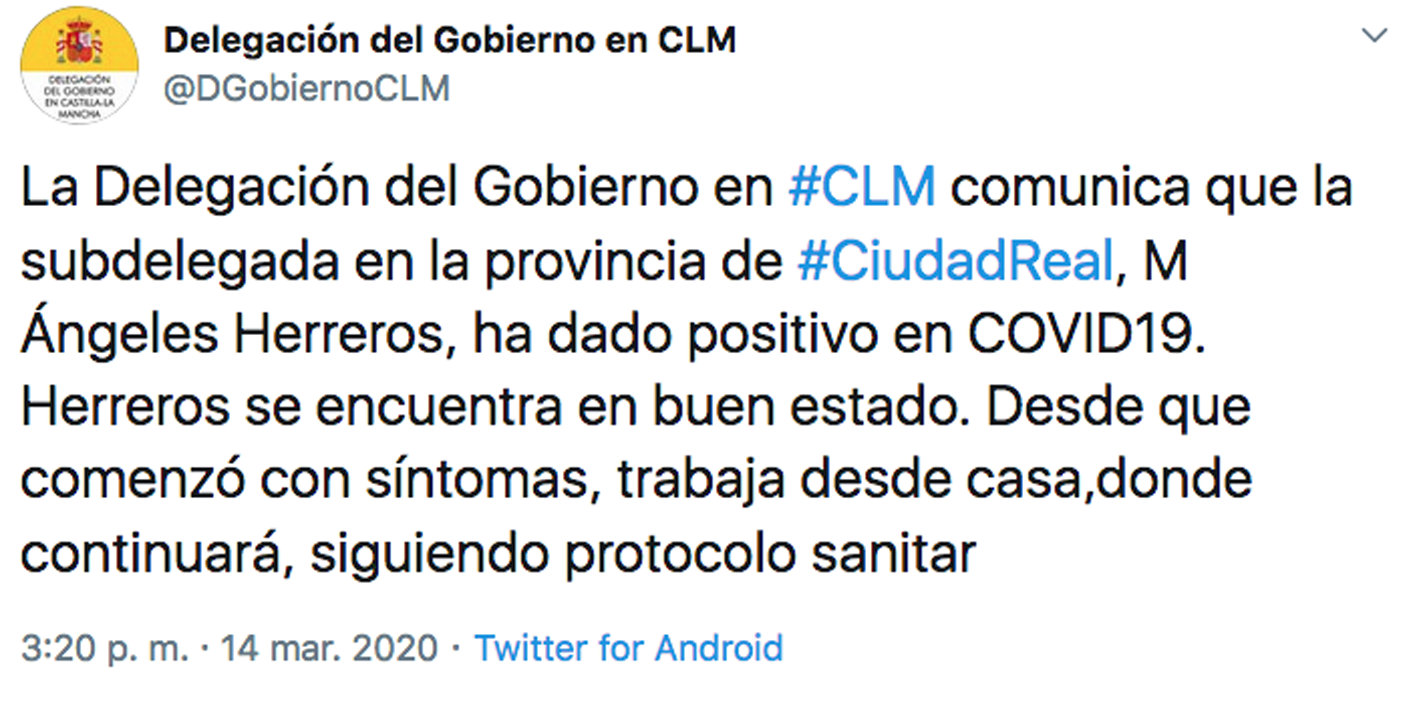 La Delegación del Gobierno en CLM ha anunciado el positivo de la subdelegada en Cuenca por coronavirus.