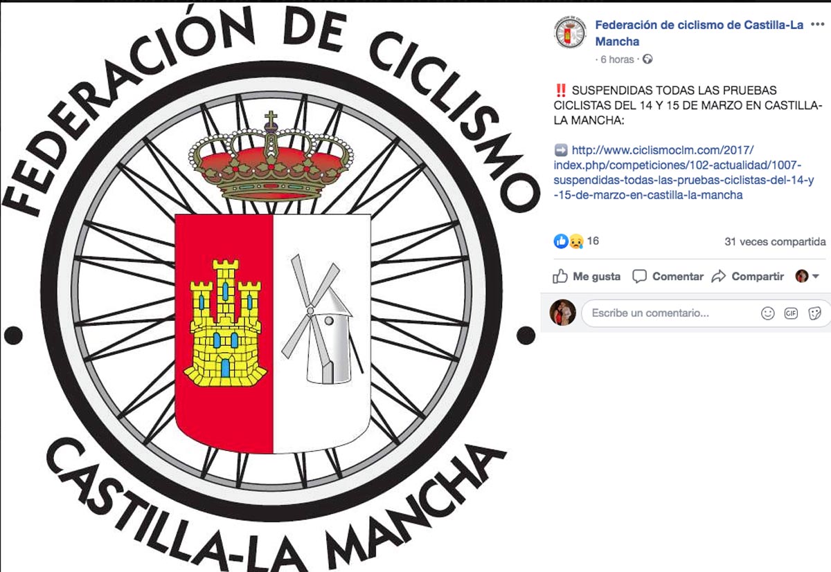 La Federación de Ciclismo de CLM suspendió las pruebas este fin de semana