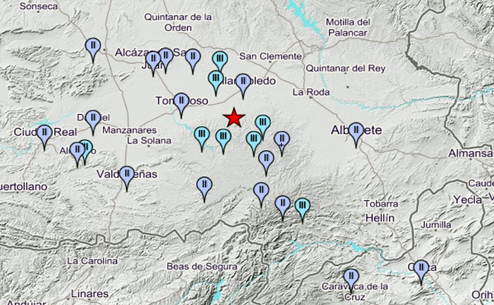 Mapa del terremoto en Ossa de Montiel