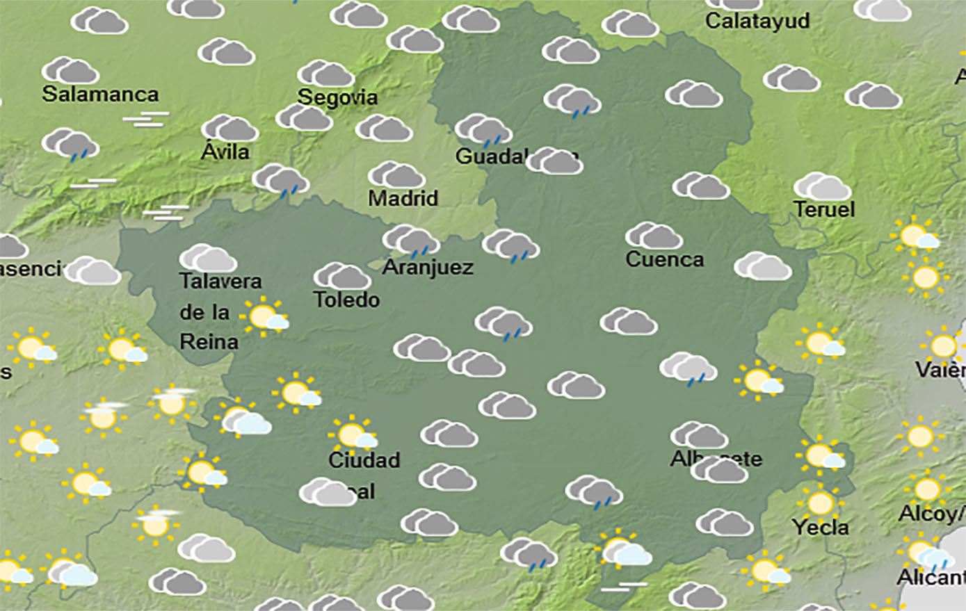 Mapa del tiempo con lluvias y tormentas en CLM