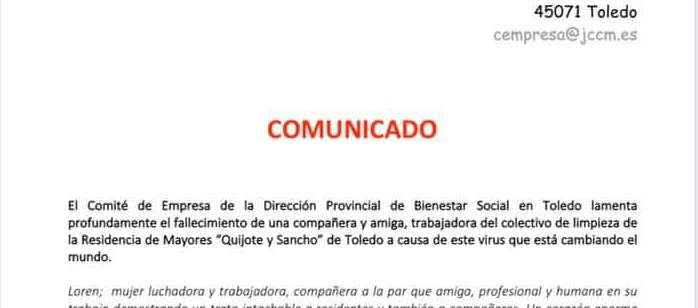 El Comité de Empresa ha lamentado la muerte de esta trabajadora de la limpieza en una residencia de Torrijos.