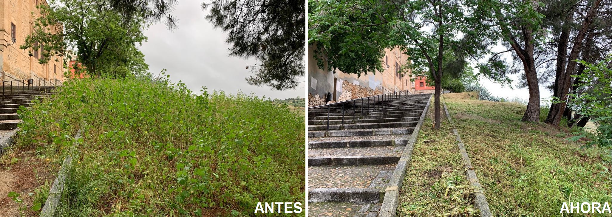 Bajada de Santa Ana, en el casco histórico de Toledo, junto al río Tajo. El antes y el después.