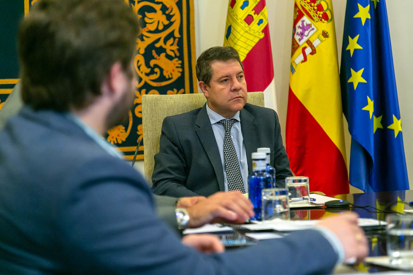 Page durante la videoconferencia de presidentes con Pedro Sánchez.