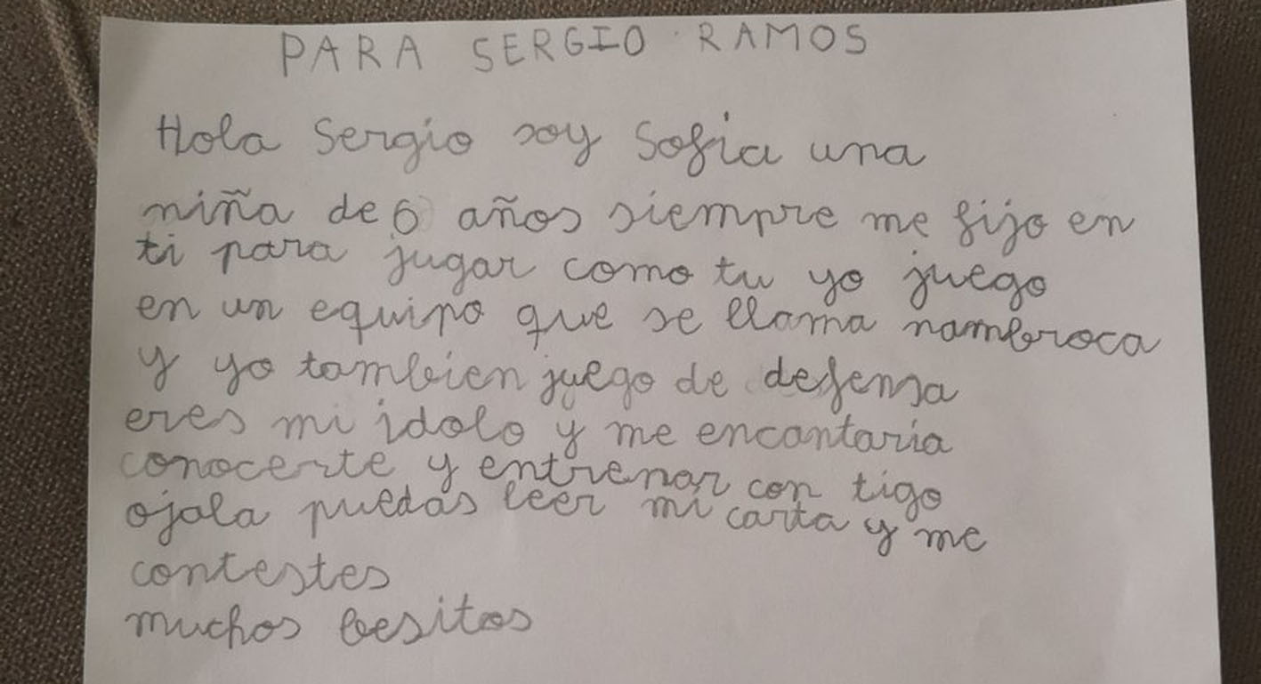 Carta que Sofía le remitió a Sergio Ramos vía Twitter y que posteriormente contestó el defensa internacional del Real Madrid.