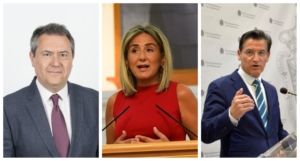 Juan Espadas, alcalde de Sevilla; Milagros Tolón, alcaldesa de Toledo; y Luis Salvador, alcalde de Granada. Las tres ciudades han llegado a un acuerdo para promocionar el turismo entre ellas.
