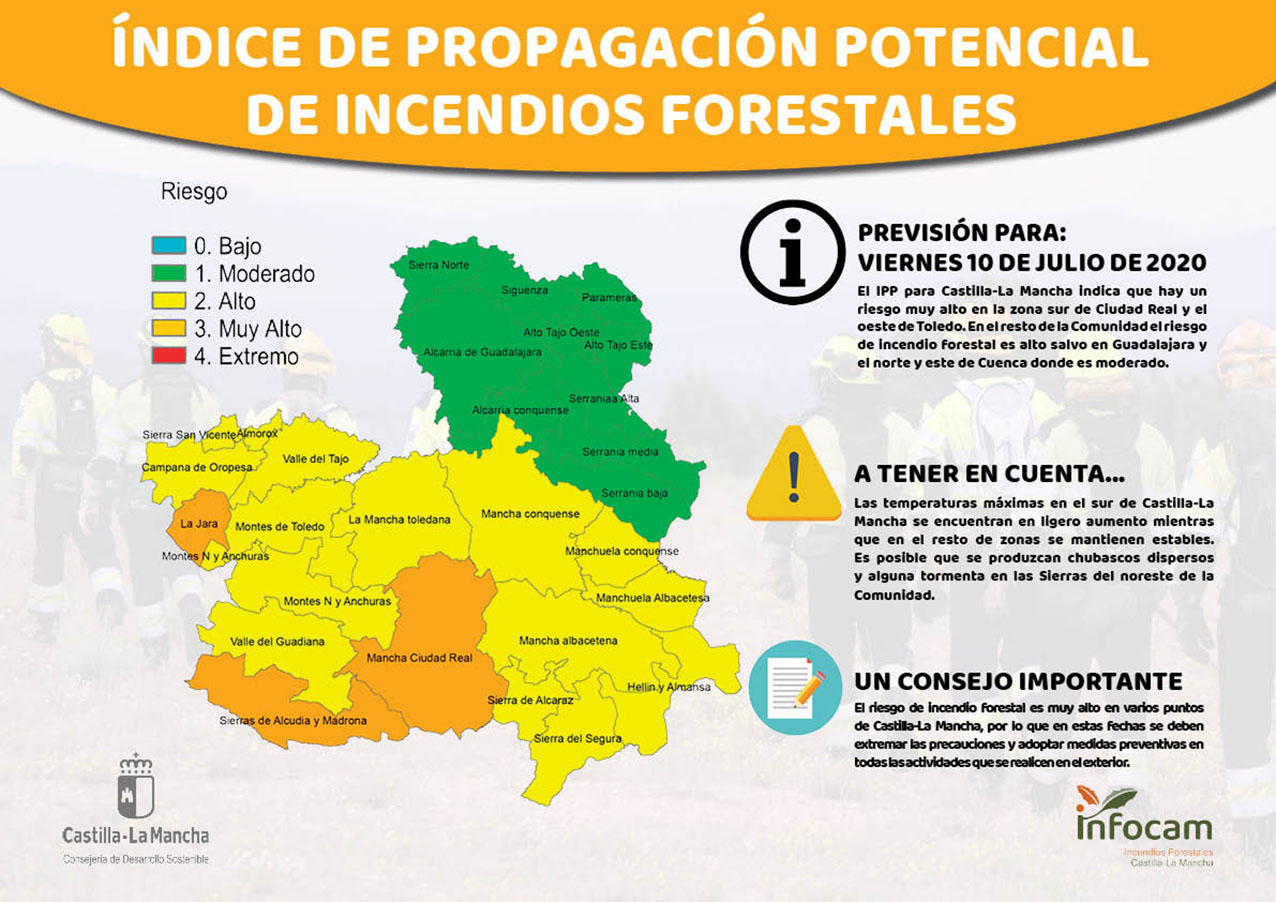 Ojo en la zona oeste de la provincia de Toledo y en el sur de Ciudad Real, porque el riesgo de incendios forestales es muy alto.