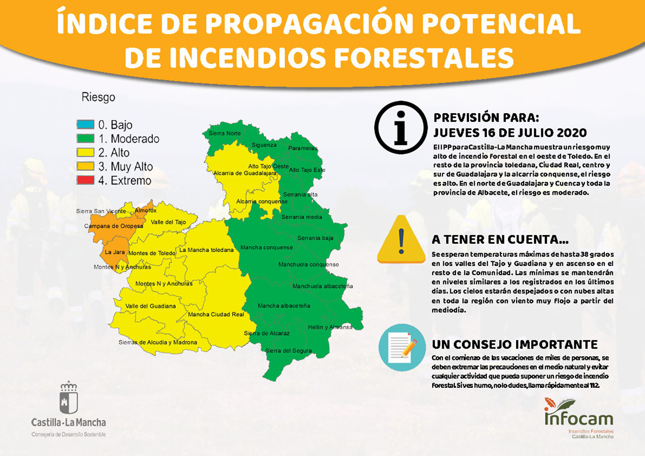 El índice de propagación de incendios forestales en el noroeste de la provincia de Toledo es muy alto.