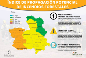 Ojo al oeste de las provincias de Toledo y Ciudad Real, porque el riesgo de incendios forestales es muy alto.