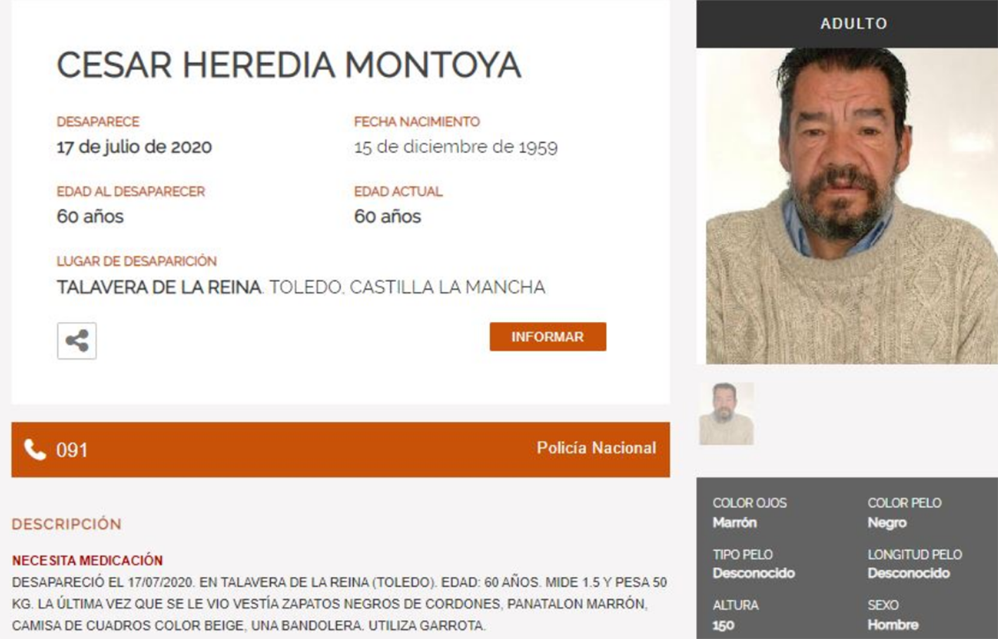 César H.M., de 60 años, ha desaparecido en Talavera.