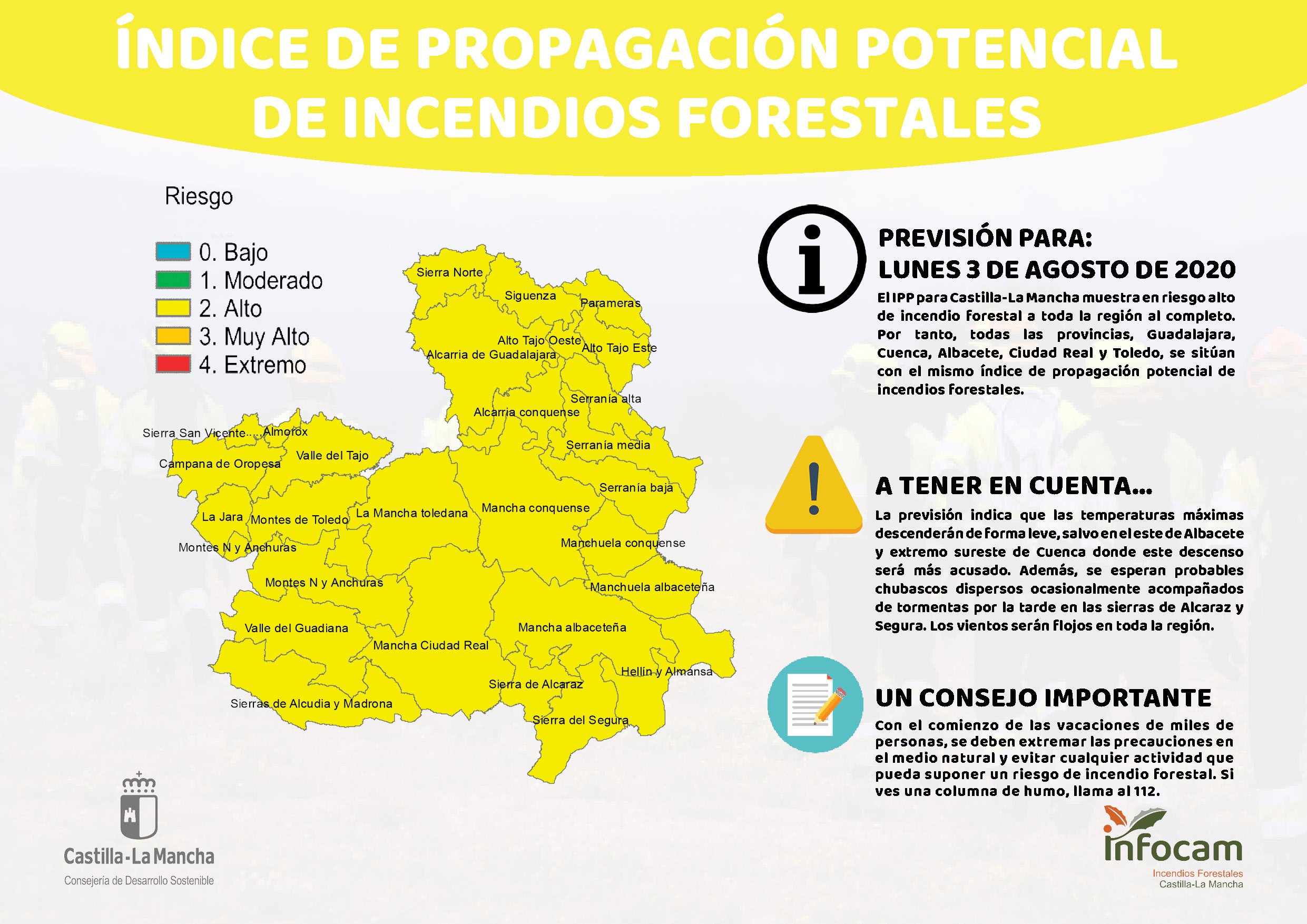 Índice de propagación de incendios para hoy, lunes 3 de agosto.