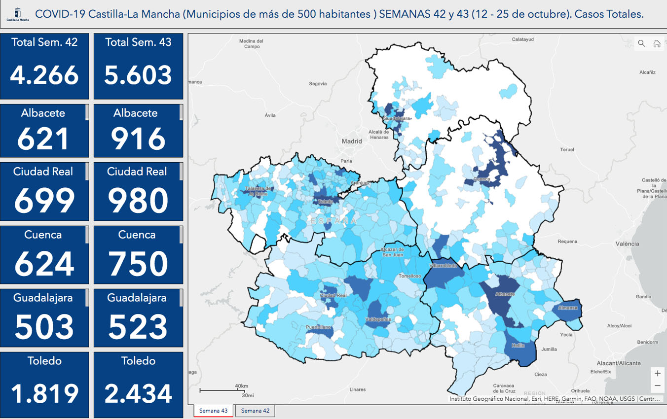 Casos por municipios de las semanas epidemiológicas 42 y 43.