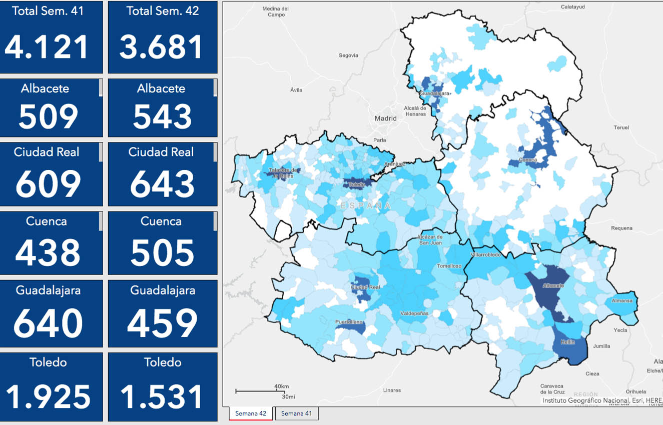 Imagen del mapa que publica el Gobierno de Castilla-La Mancha de Casos por Municipios.