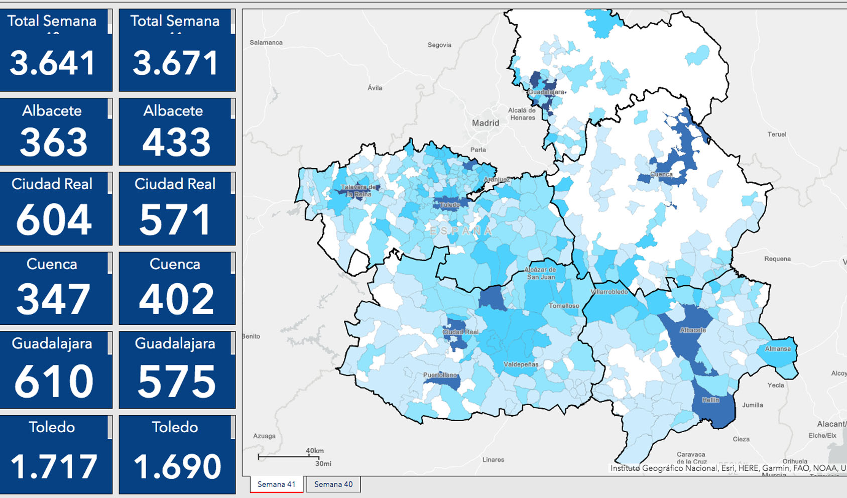 Casos por municipios en la semana 41 de pandemia.