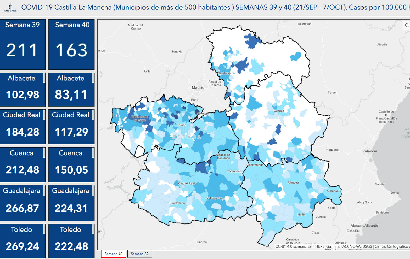 Mapa de la incidencia de casos de Covid-19 por municipio.