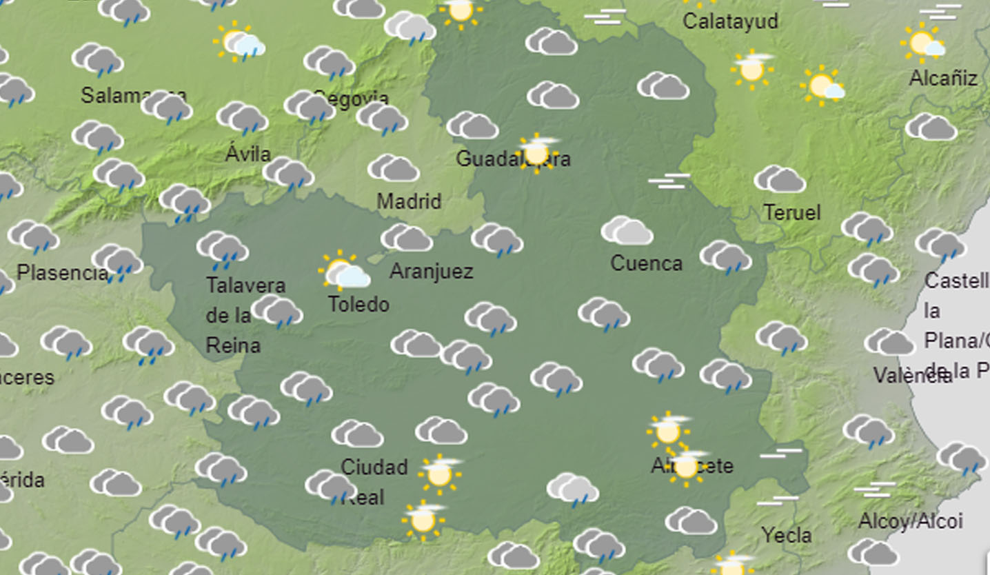Mapa del tiempo con lluvias en CLM