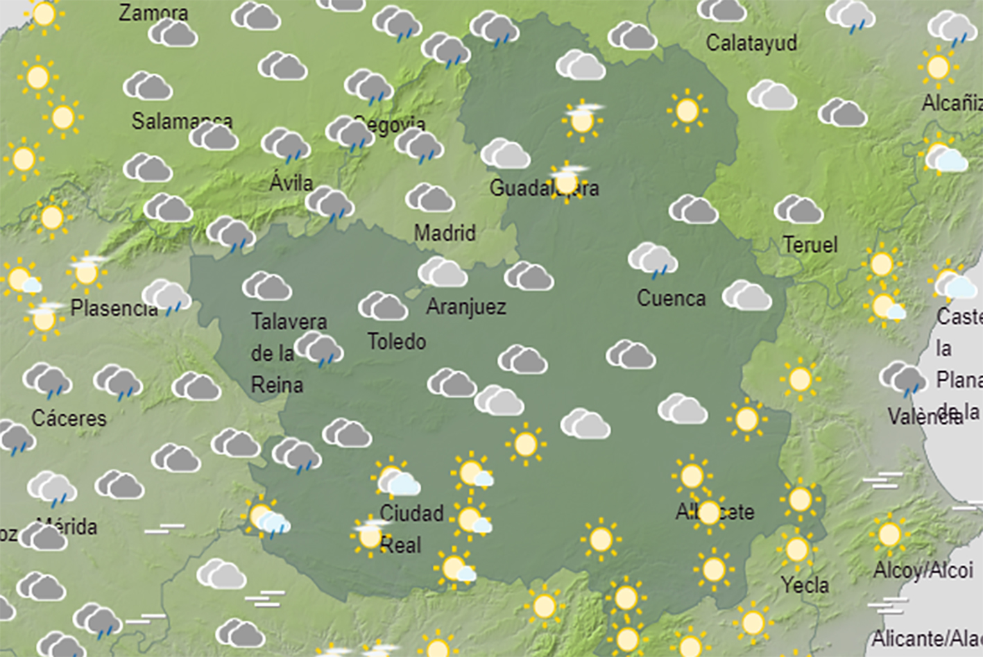 Mapa del tiempo en CLM, con lluvias en la mitad norte